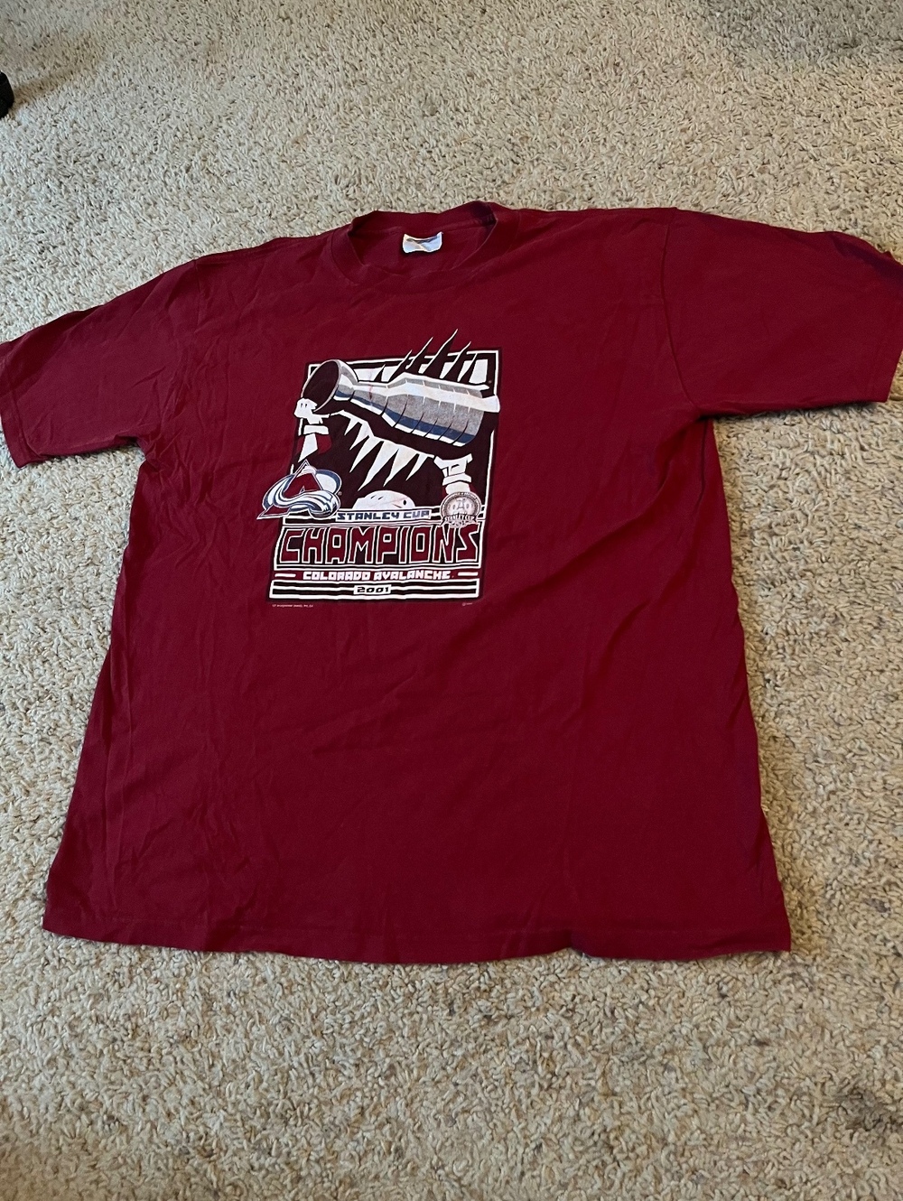 CSA Colorado Avalanche 2001 Stanley Cup Champs Vintage Burgundy Tee